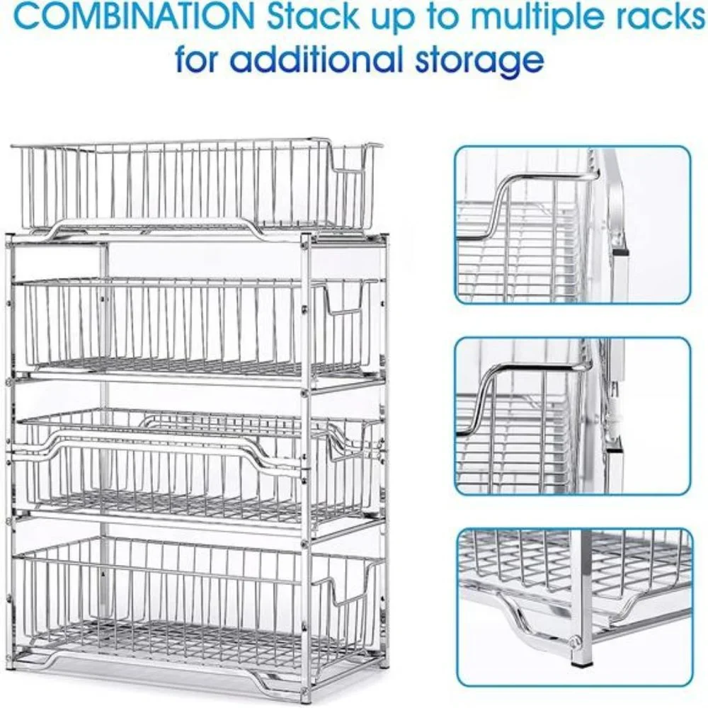 Stackable 2-Tier Under Sink Cabinet Organizer w/ Sliding Storage Drawer, Chrome